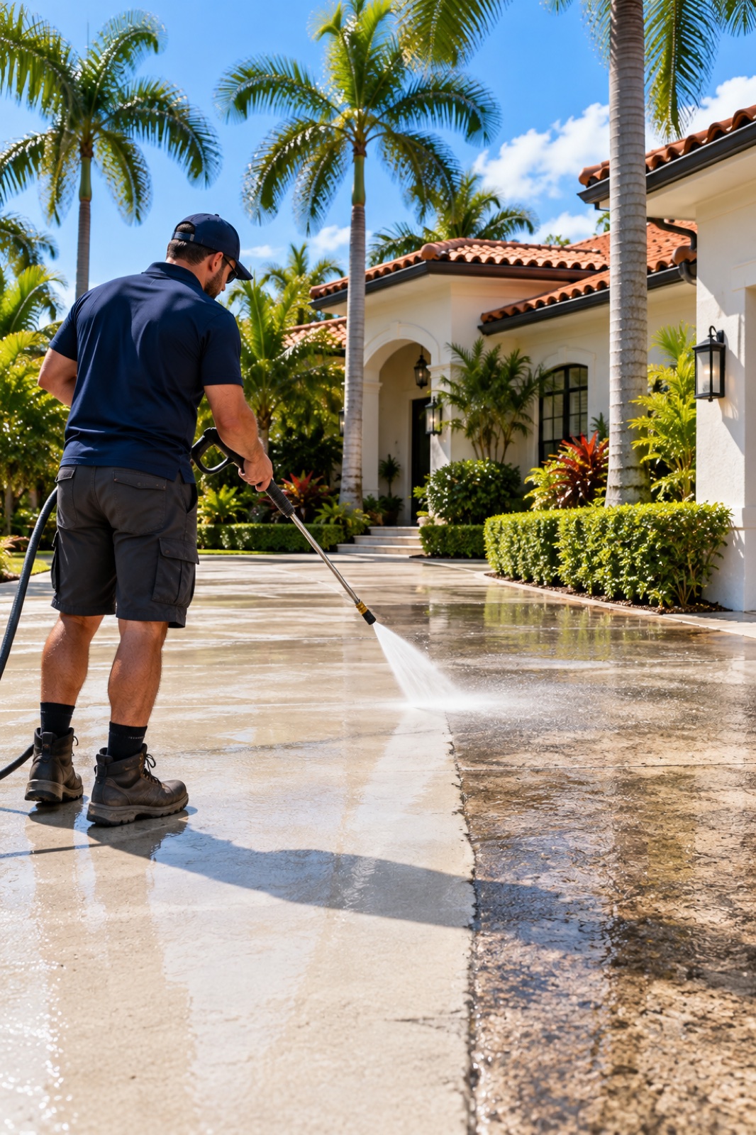 Pressure washing a Miami concrete driveway, clean side next to the dirty side