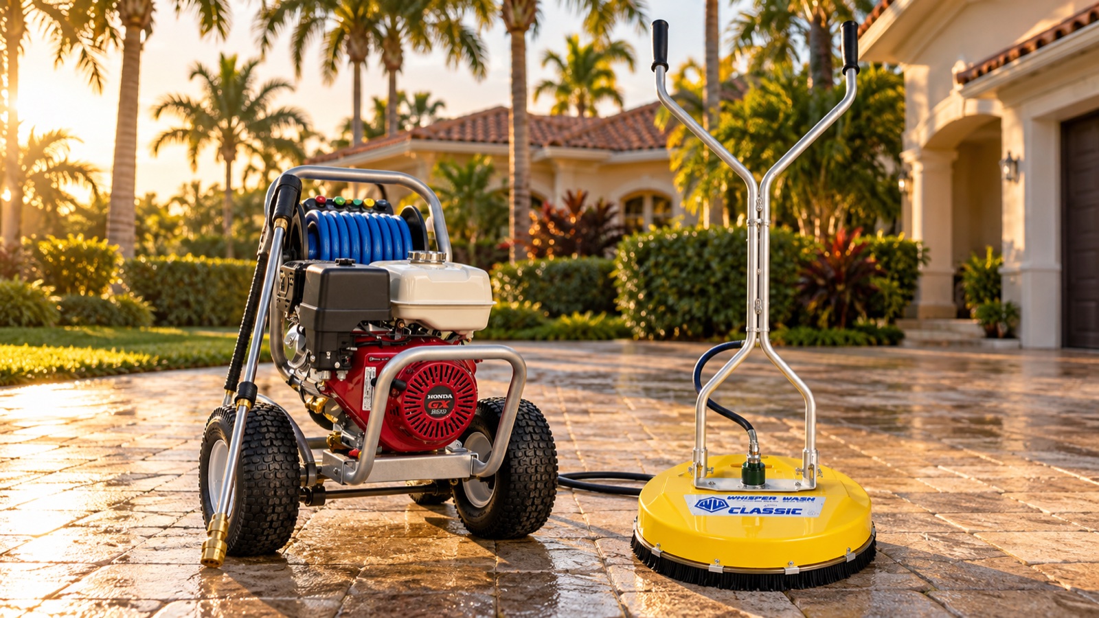 Honda GX pressure washer and Whisper Wash Classic surface cleaner on a Miami paver driveway