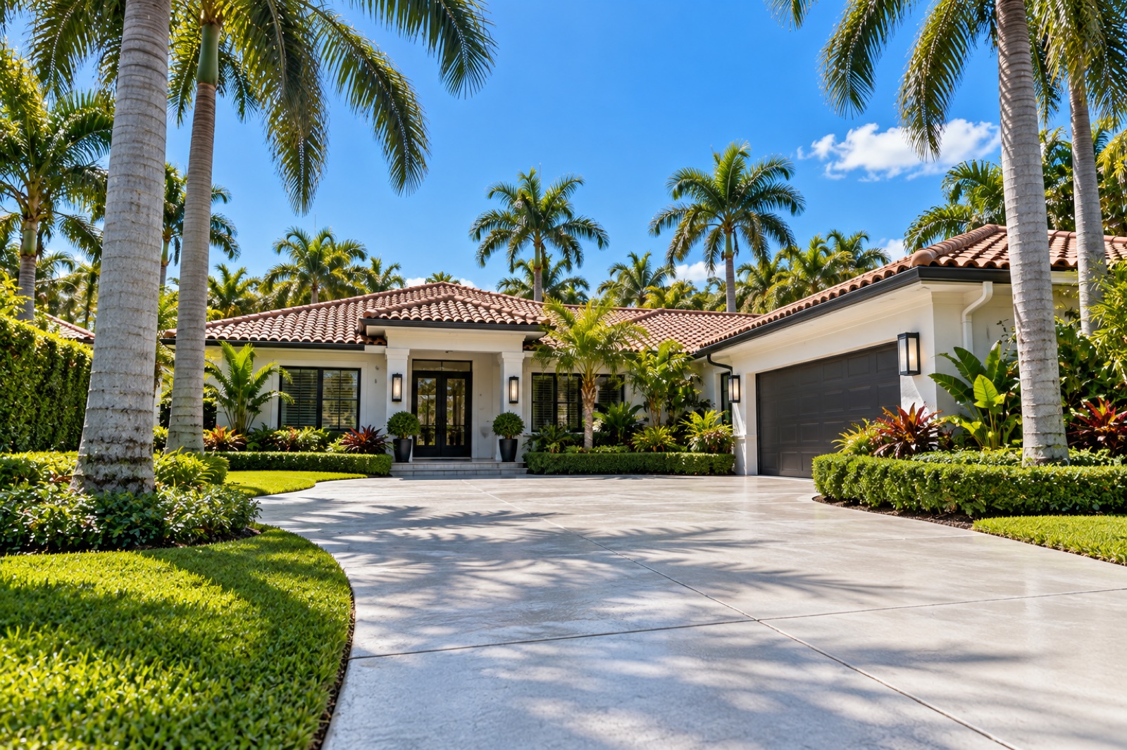 Clean South Florida home exterior with a freshly washed driveway